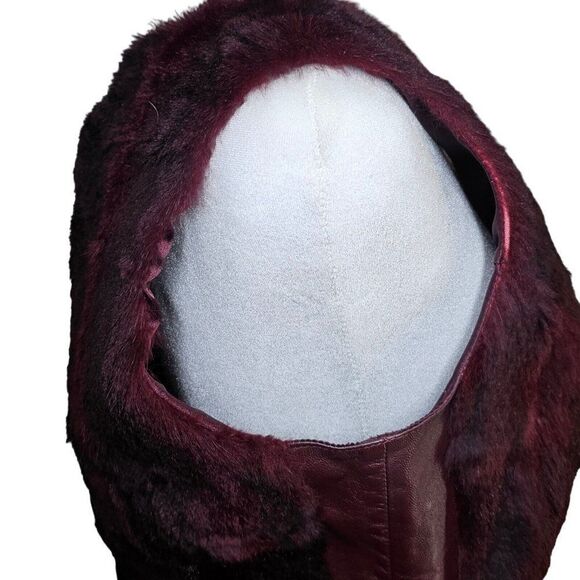 Vintage 90s Cache Fur Vest Womens Size M Burgundy Red Leather Dyed Rabbit Zip - Picture 4 of 6